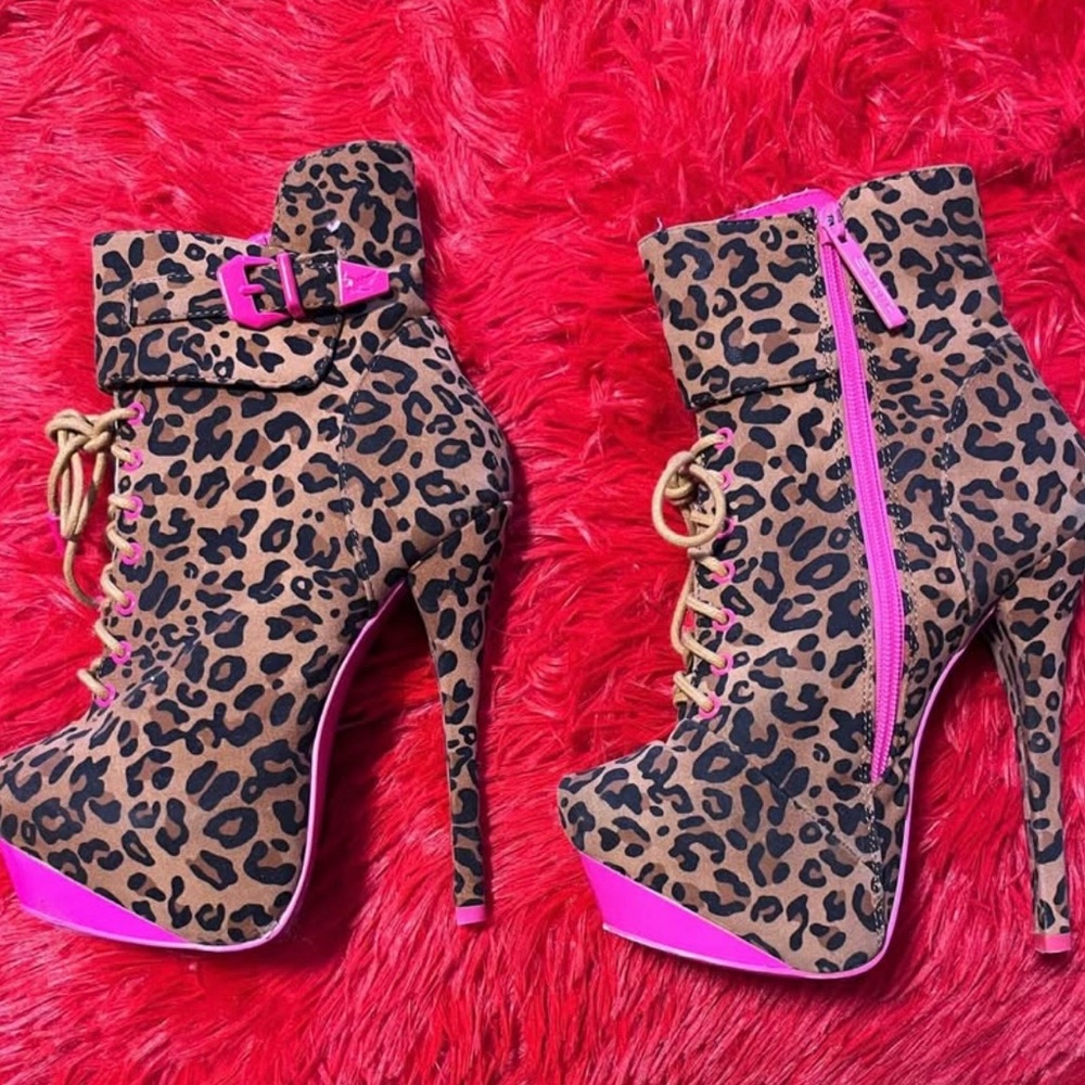 Leopard Print High Heel Ankle Boots with Pink Accents